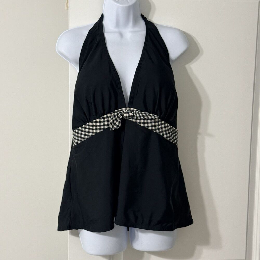 Black Halter Tankini Swimsuit Top With Gingham Patterned Tie Detail